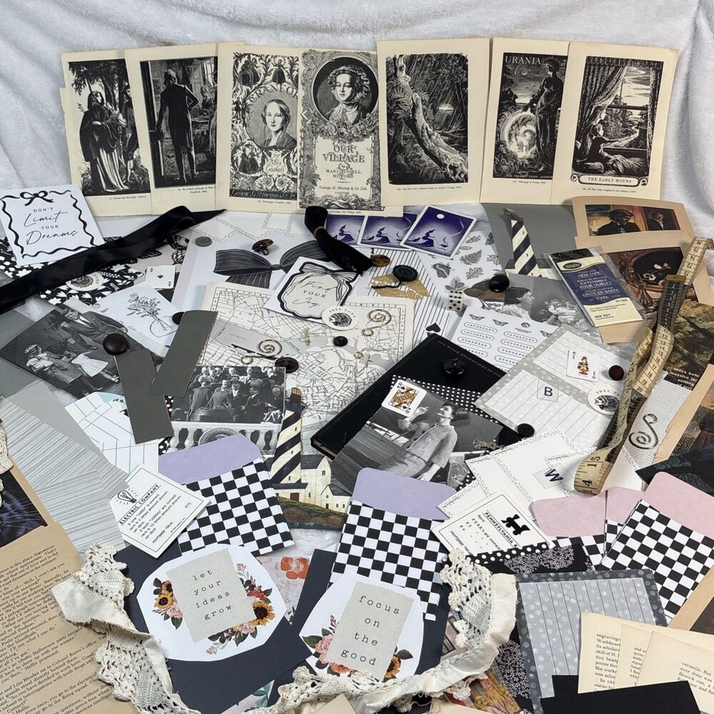 150+ Piece Junk Journal Supply Scrapbook Ephemera Black Theme Mixed Media